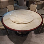 Round Marble Dining Table with smooth Lazy Susan and Button-Tufted Leather Pedestal